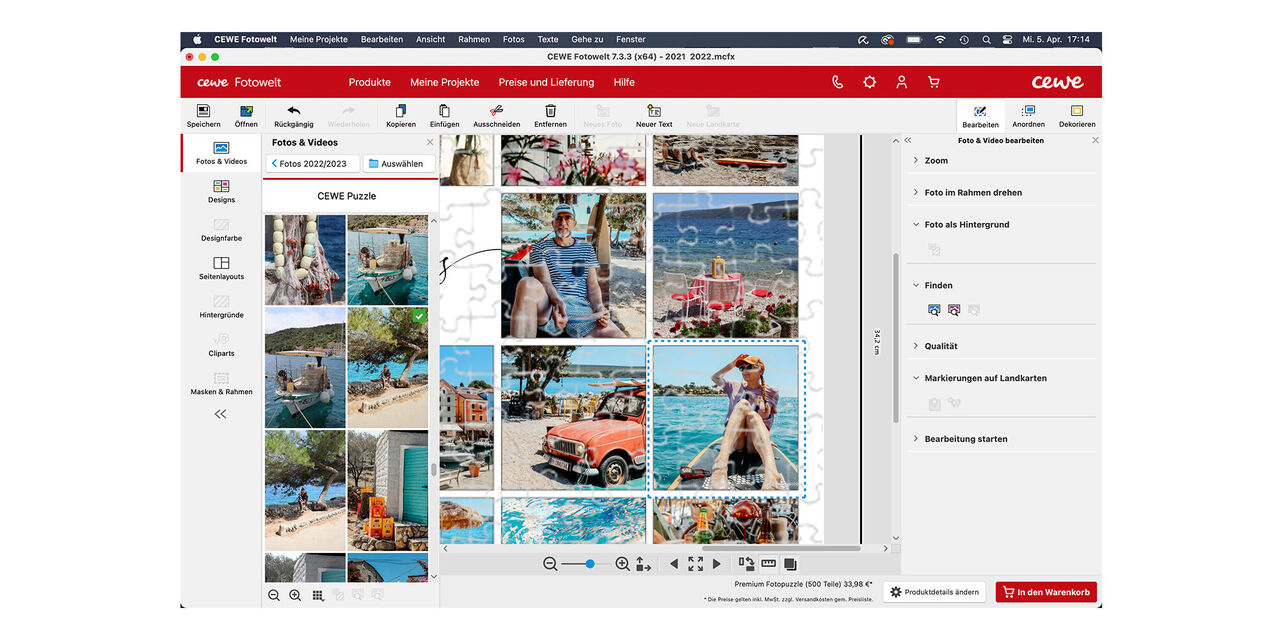 Screenshot aus der CEWE Fotowelt Software mit einer Detailansicht der Puzzlegestaltung.
